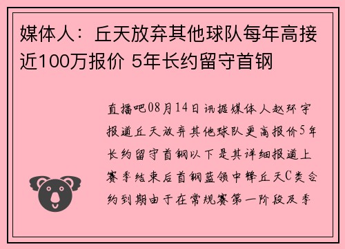 媒体人：丘天放弃其他球队每年高接近100万报价 5年长约留守首钢