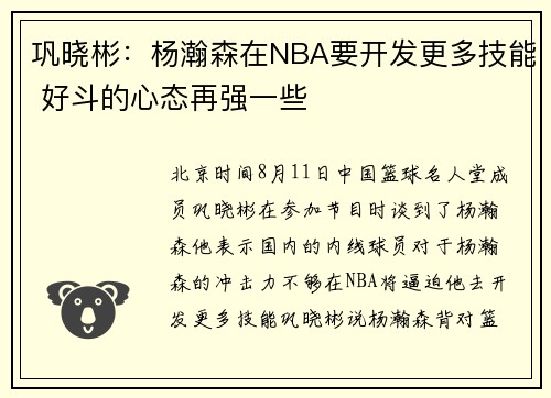 巩晓彬：杨瀚森在NBA要开发更多技能 好斗的心态再强一些